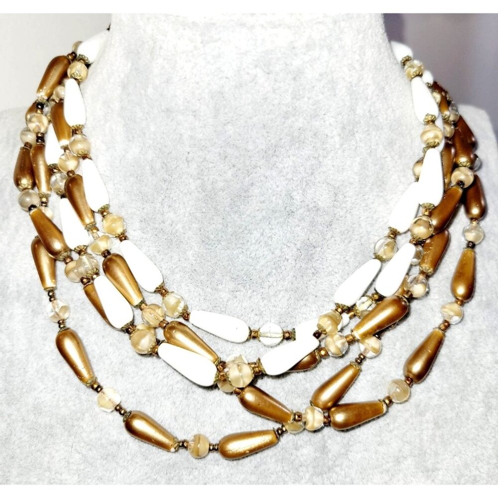 Vintage 1950's Necklace Milk Glass with Brushed Gold and Frosted Crystal Beads
